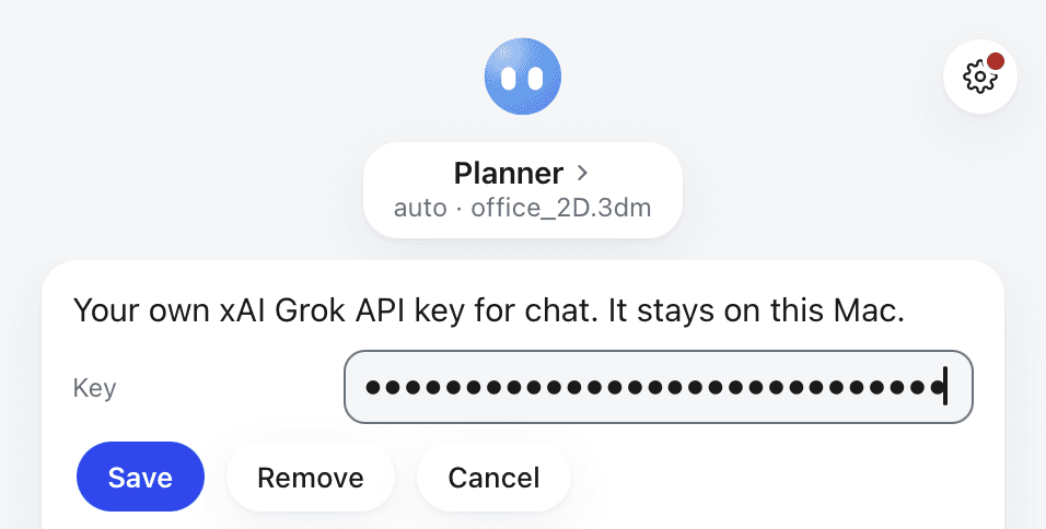 The Grok API key card with the key hidden as dots and Save, Remove and Cancel buttons