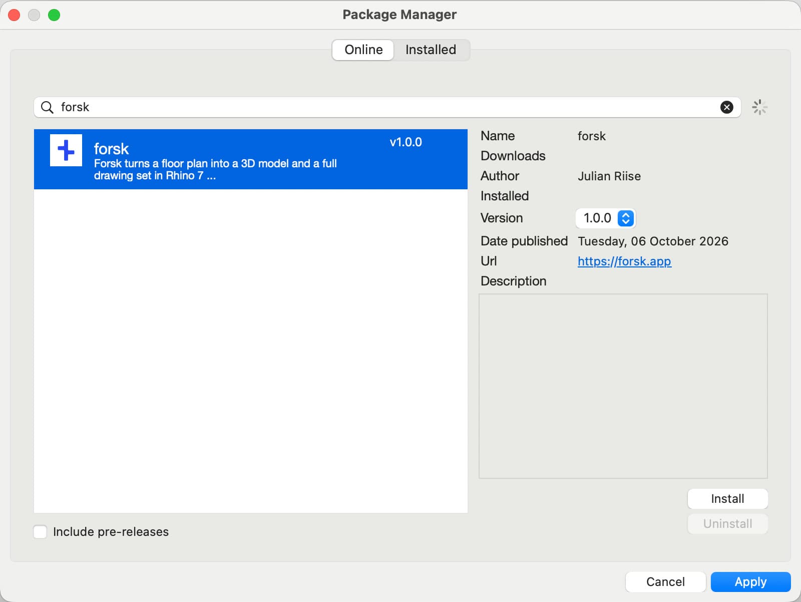 Rhino’s Package Manager with forsk 1.0.0 found by searching for forsk, and the Install button