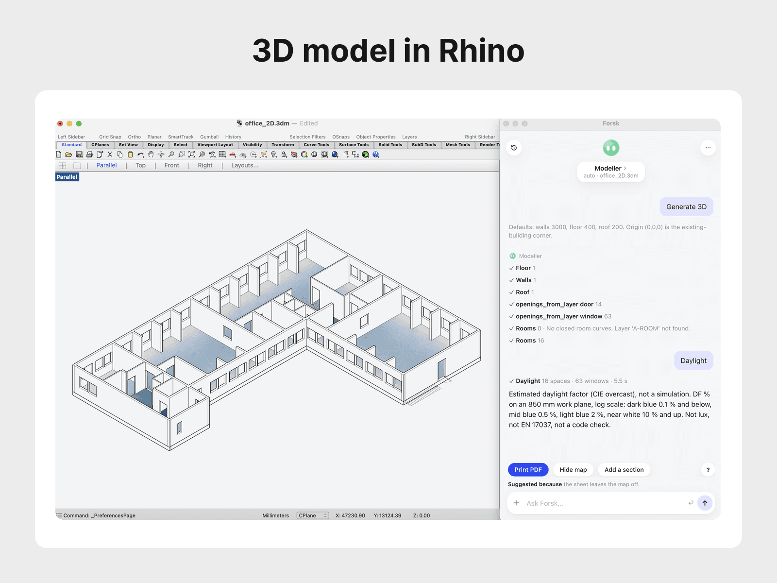 Wall, floor and roof solids of a house in Rhino’s Perspective viewport, built from a plan image