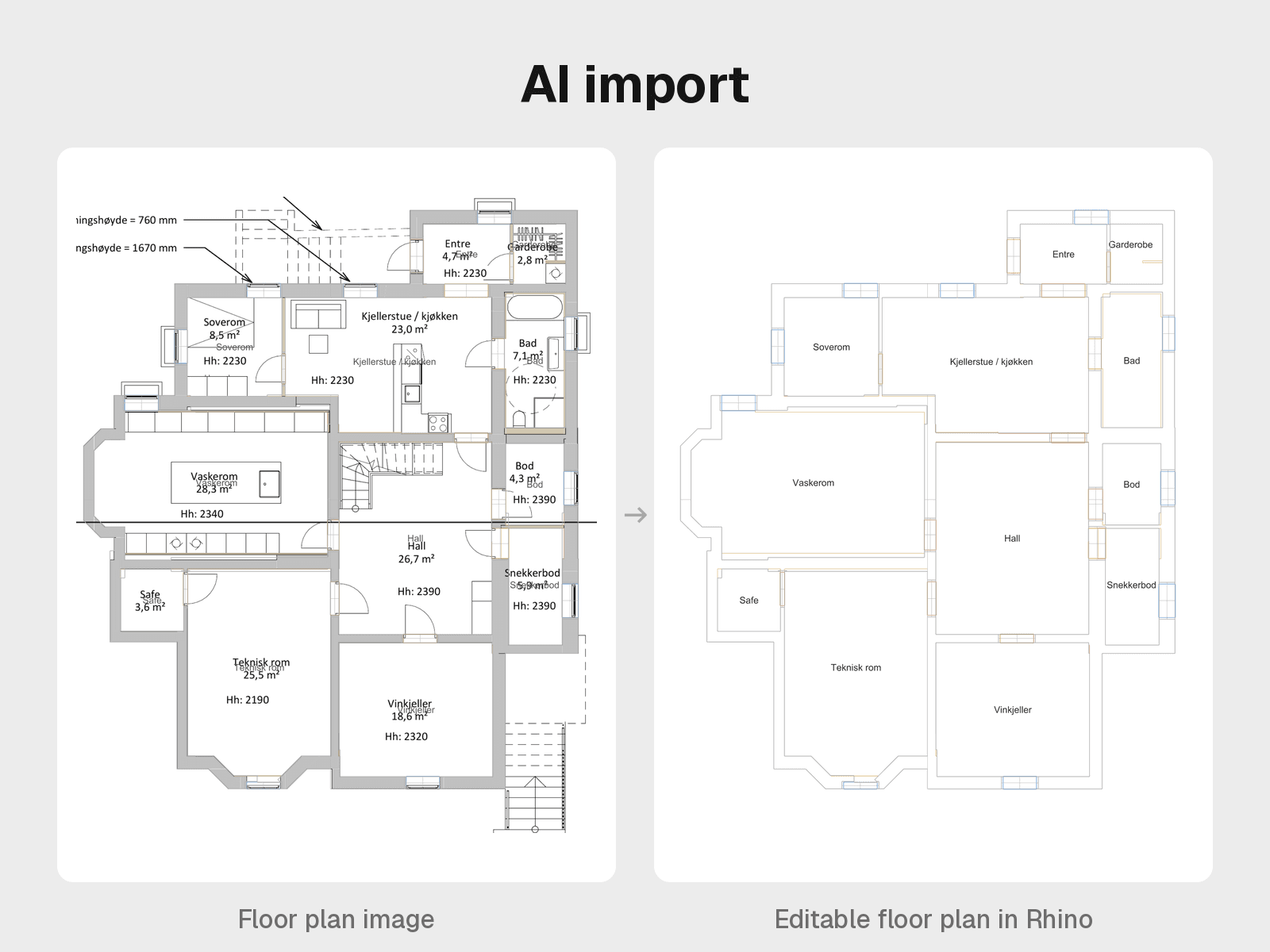 A plan PDF with the walls, doors and windows Forsk detected drawn on top in Rhino