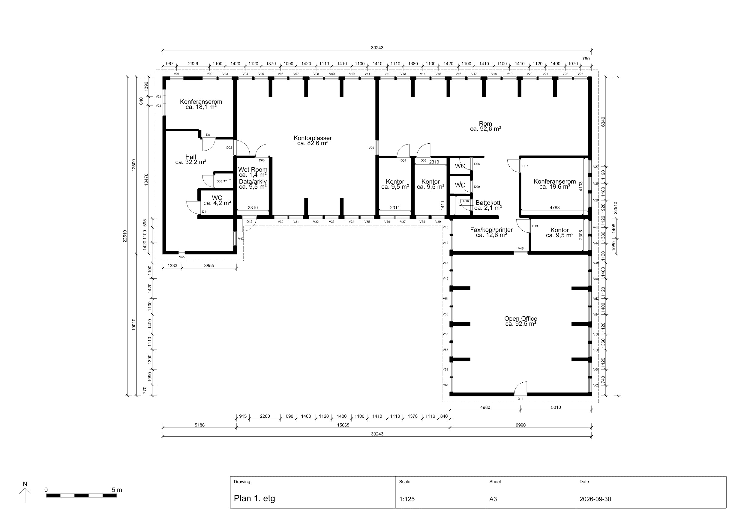 A printed plan sheet with poché, door and window symbols, dimensions and a title block
